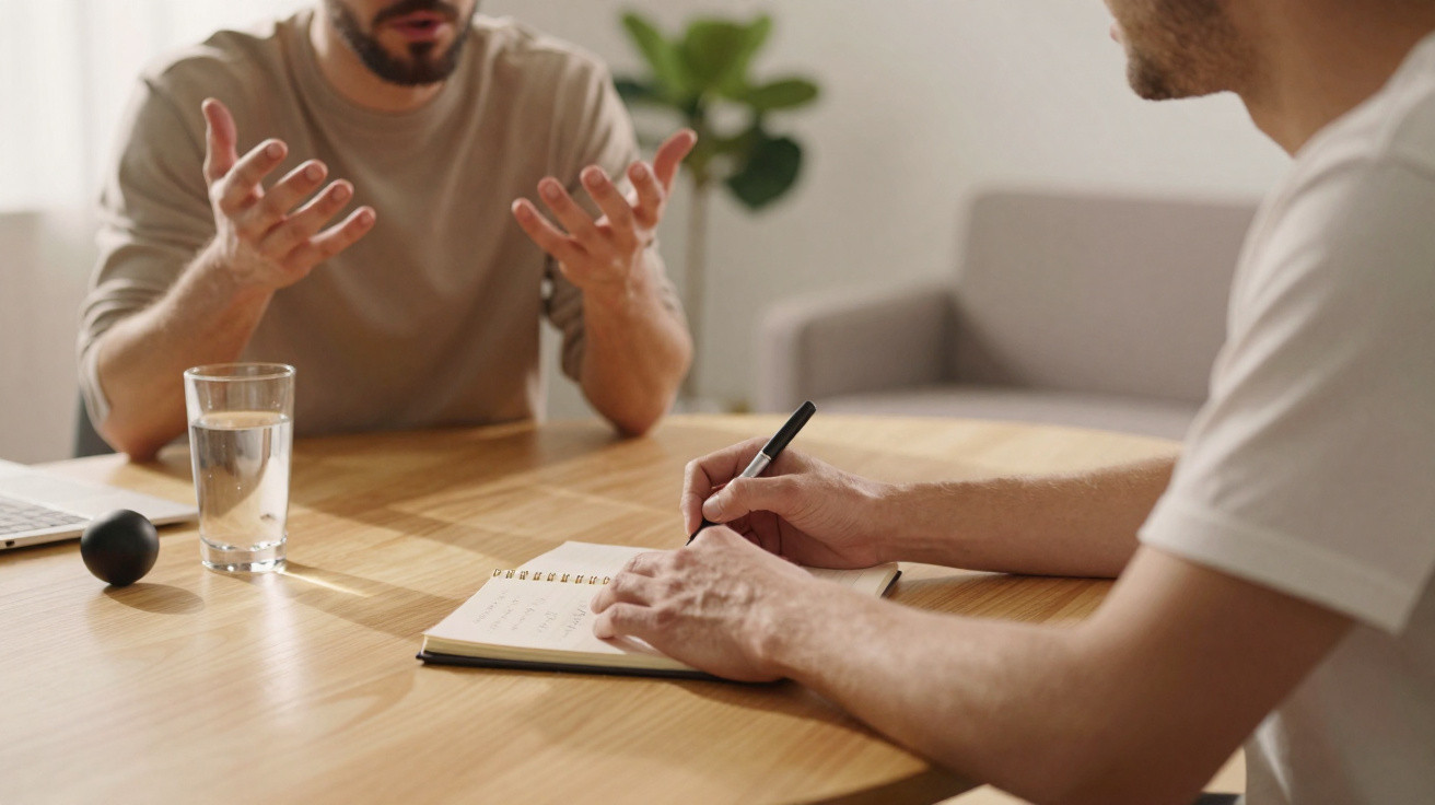 Duas pessoas numa conversa, uma explica gesticulando e a outra toma notas num caderno.
