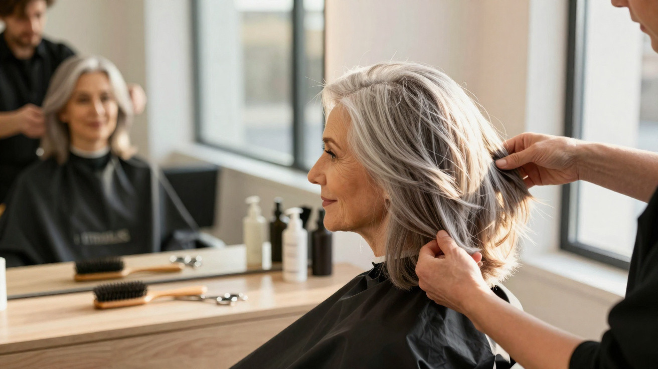 Mulher de cabelo grisalho sentada em cabeleireiro a ser penteada por profissional.