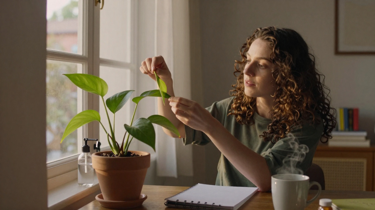 Mulher a cuidar de planta junto à janela, com caderno, chá quente e ambiente acolhedor.