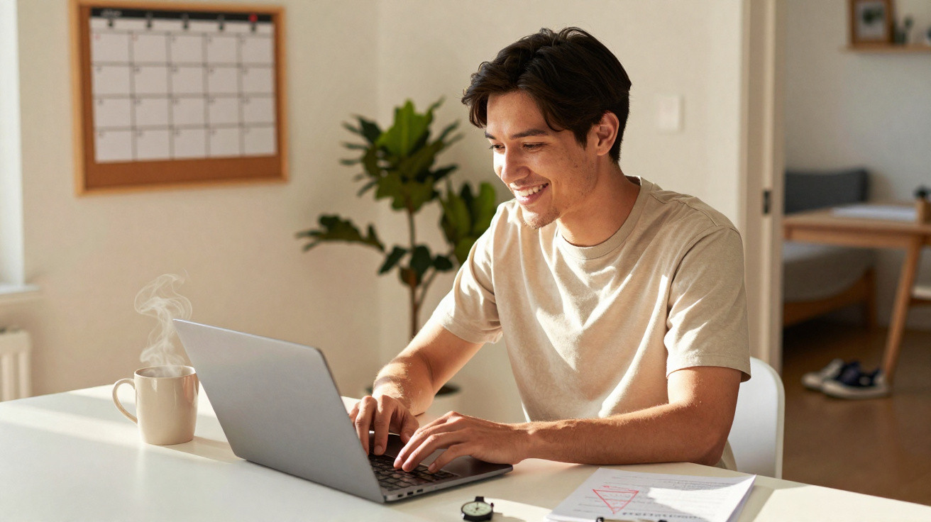 Jovem a sorrir a trabalhar num computador portátil numa mesa com café fumegante e notas ao lado.