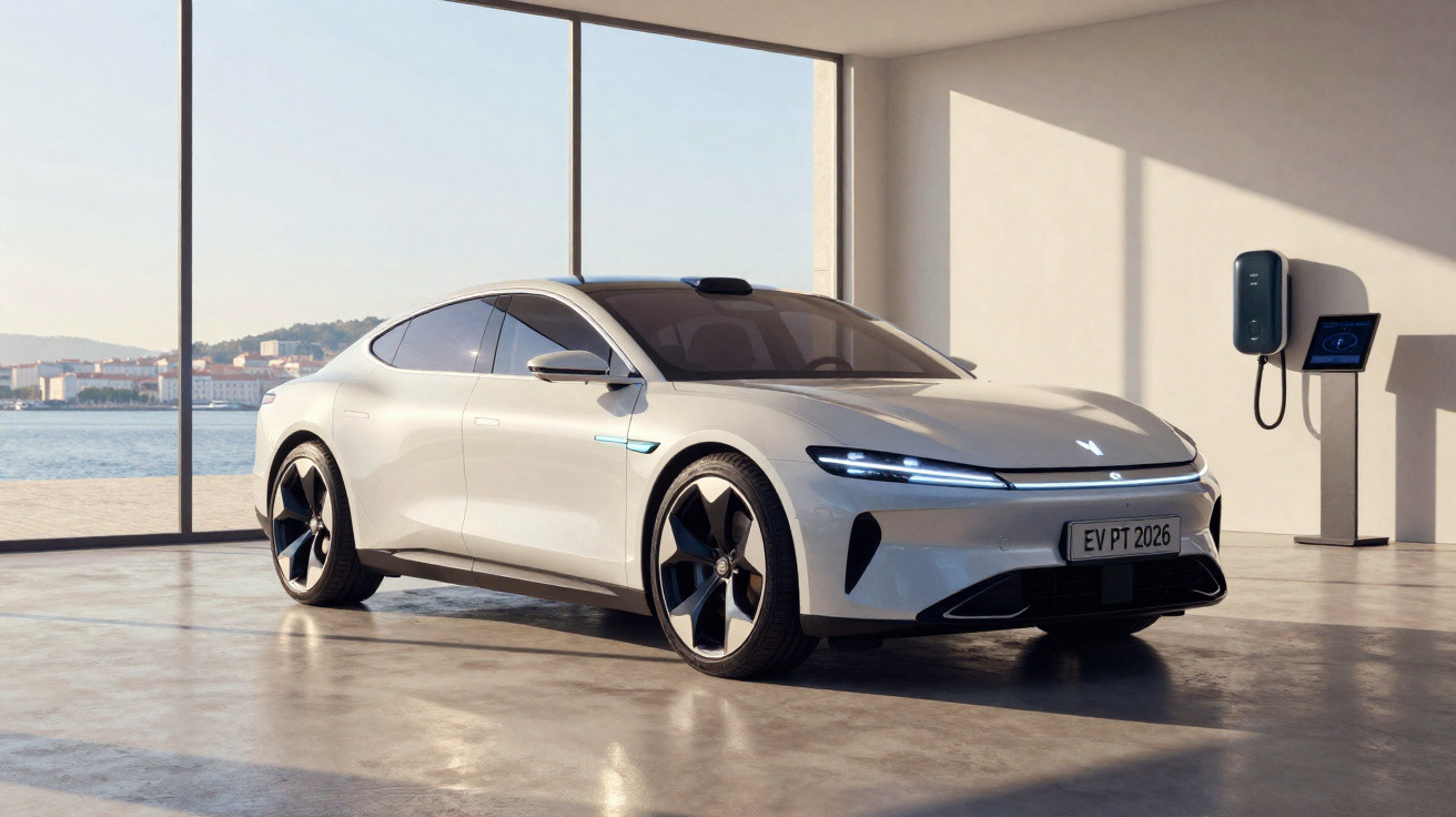 Carro elétrico moderno branco estacionado em garagem com grandes janelas e estação de carregamento.