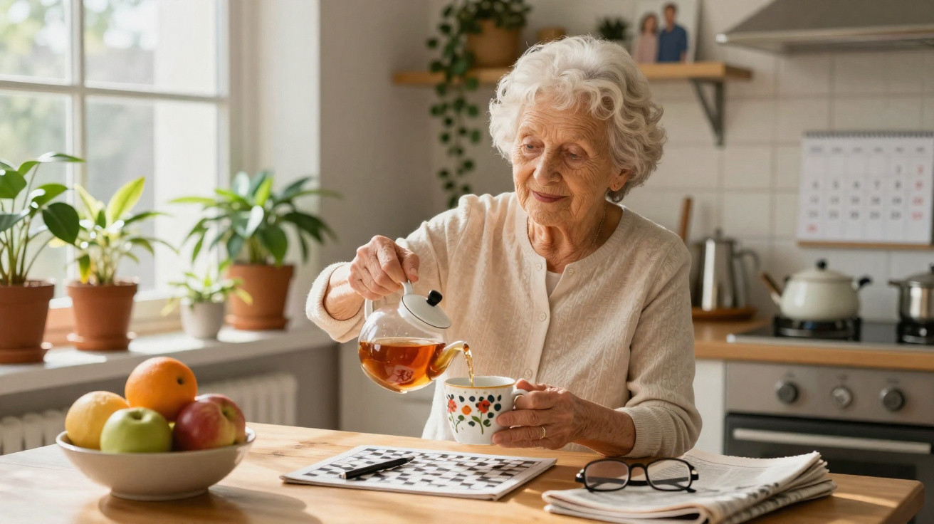 Idosa branca a servir chá numa chávena, sentada à mesa com palavras cruzadas e frutas na cozinha iluminada.