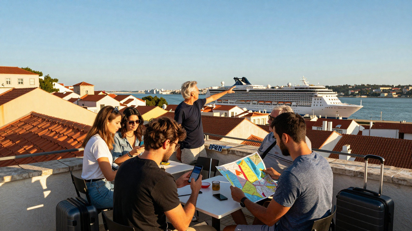 Grupo de turistas a planear viagem num terraço com vista para um navio de cruzeiro no rio.