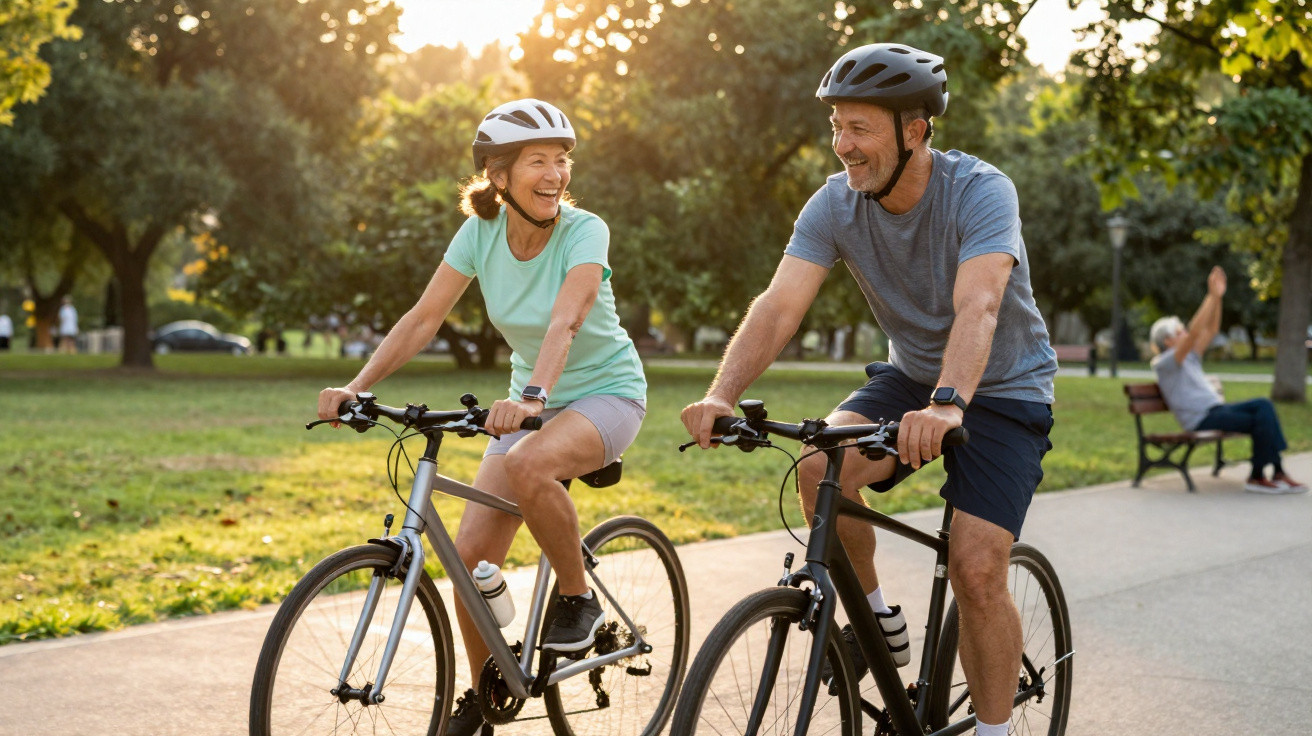 Casal sénior a andar de bicicleta num parque urbano ao pôr do sol, sorrindo e a conversar.