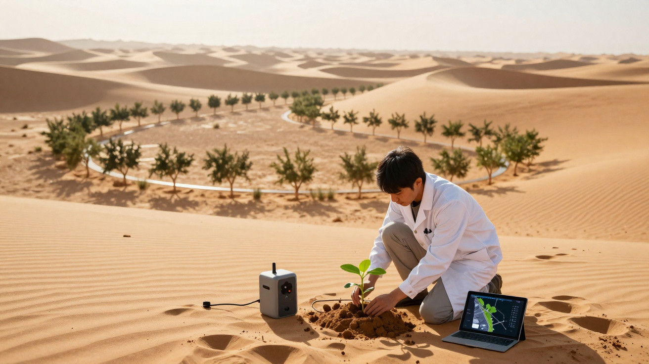 Homem de bata branca planta árvore jovem no deserto com círculo de árvores e equipamento tecnológico.