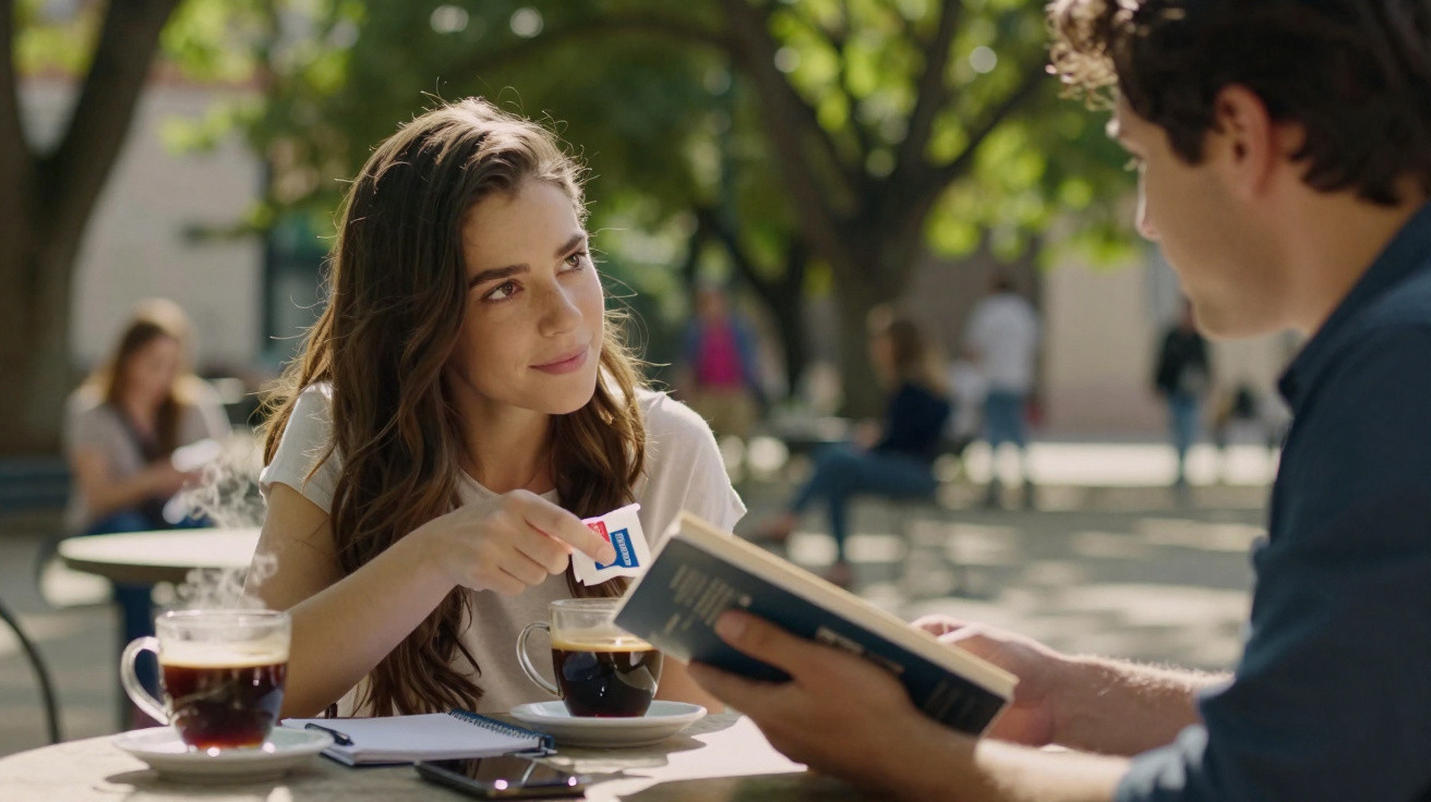 Jovem mulher a pôr açúcar no café, sentada à mesa ao ar livre com homem a ler um livro.