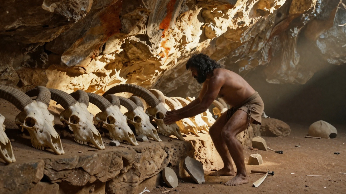 Homem pré-histórico organiza crânios de animais com chifres numa caverna iluminada por luz natural.