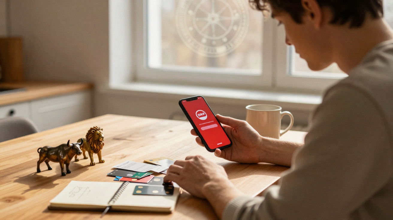 Pessoa sentada à mesa a usar aplicação de banco digital no telemóvel com cartões e caderno à frente.