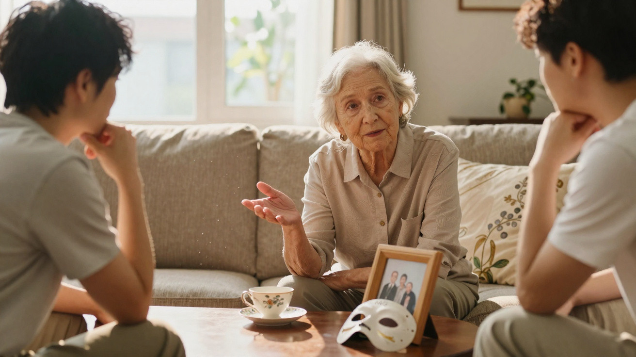 Mulher idosa a conversar com dois jovens sentados num sofá, à mesa com chá e uma máscara branca.