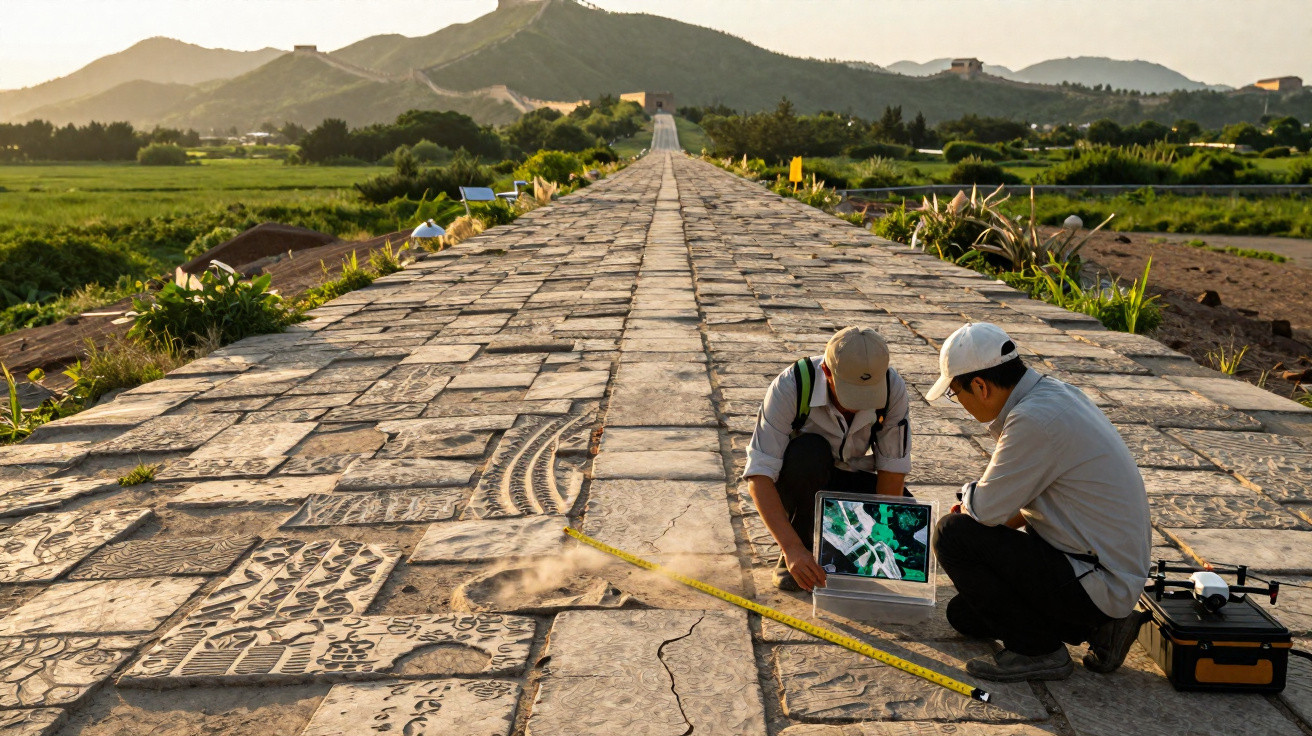 Dois arqueólogos medem e estudam pedras gravadas numa antiga estrada de pedra com montanhas ao fundo.