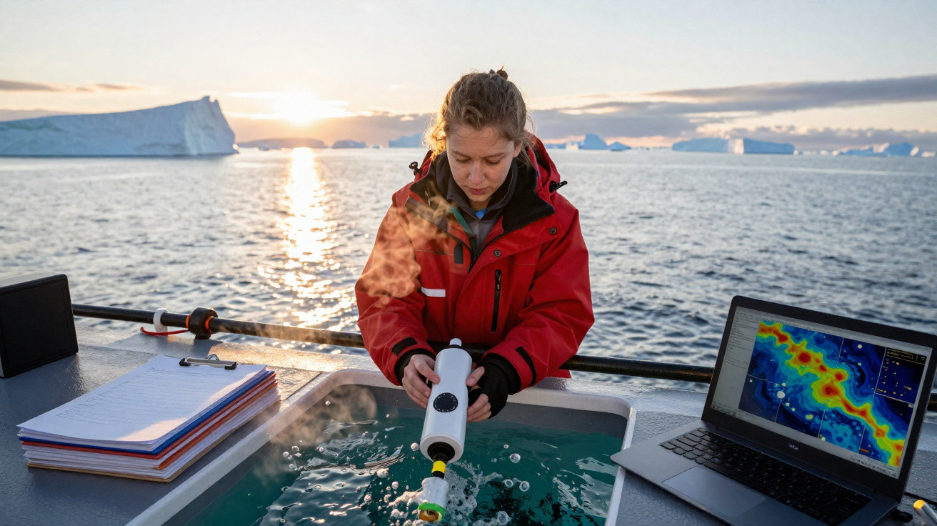 Investigadora em jaqueta vermelha recolhe amostra de água do mar num barco, com icebergues ao fundo e pôr do sol.