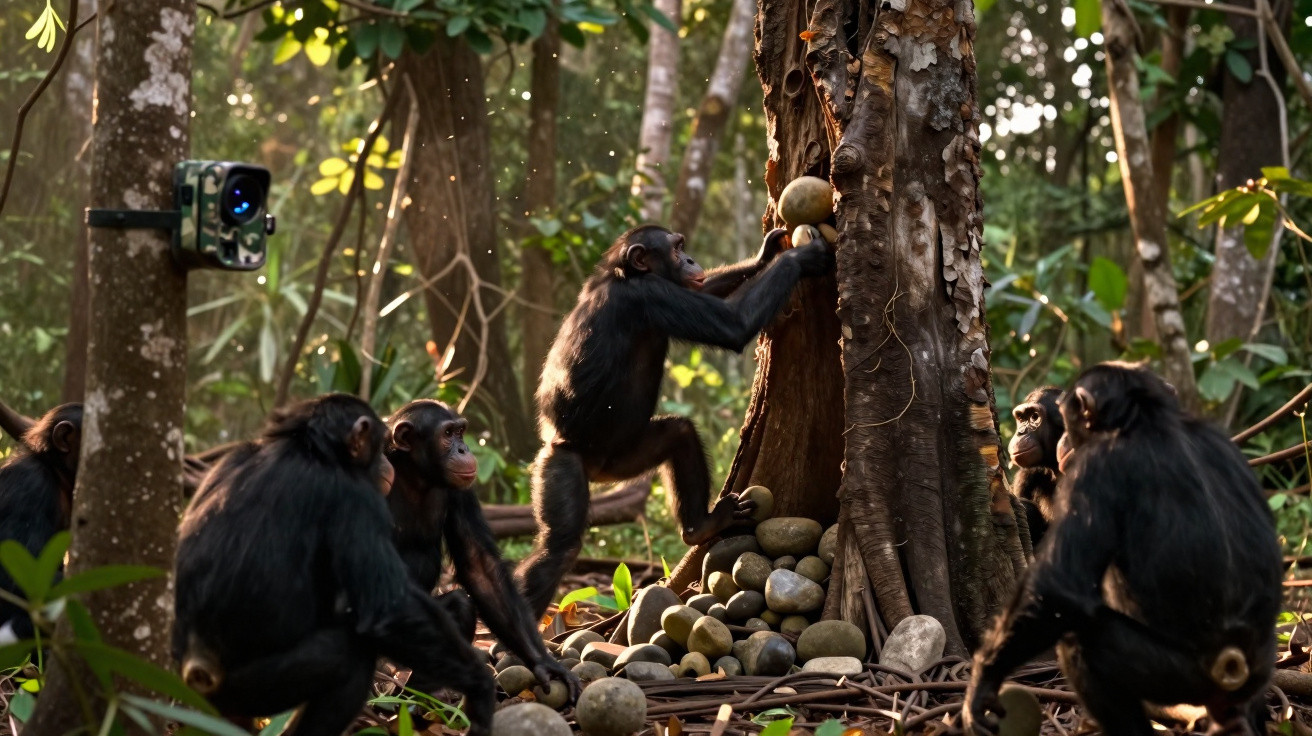Grupo de chimpanzés a manipular pedras junto a uma árvore numa floresta, com câmara de monitorização visível.