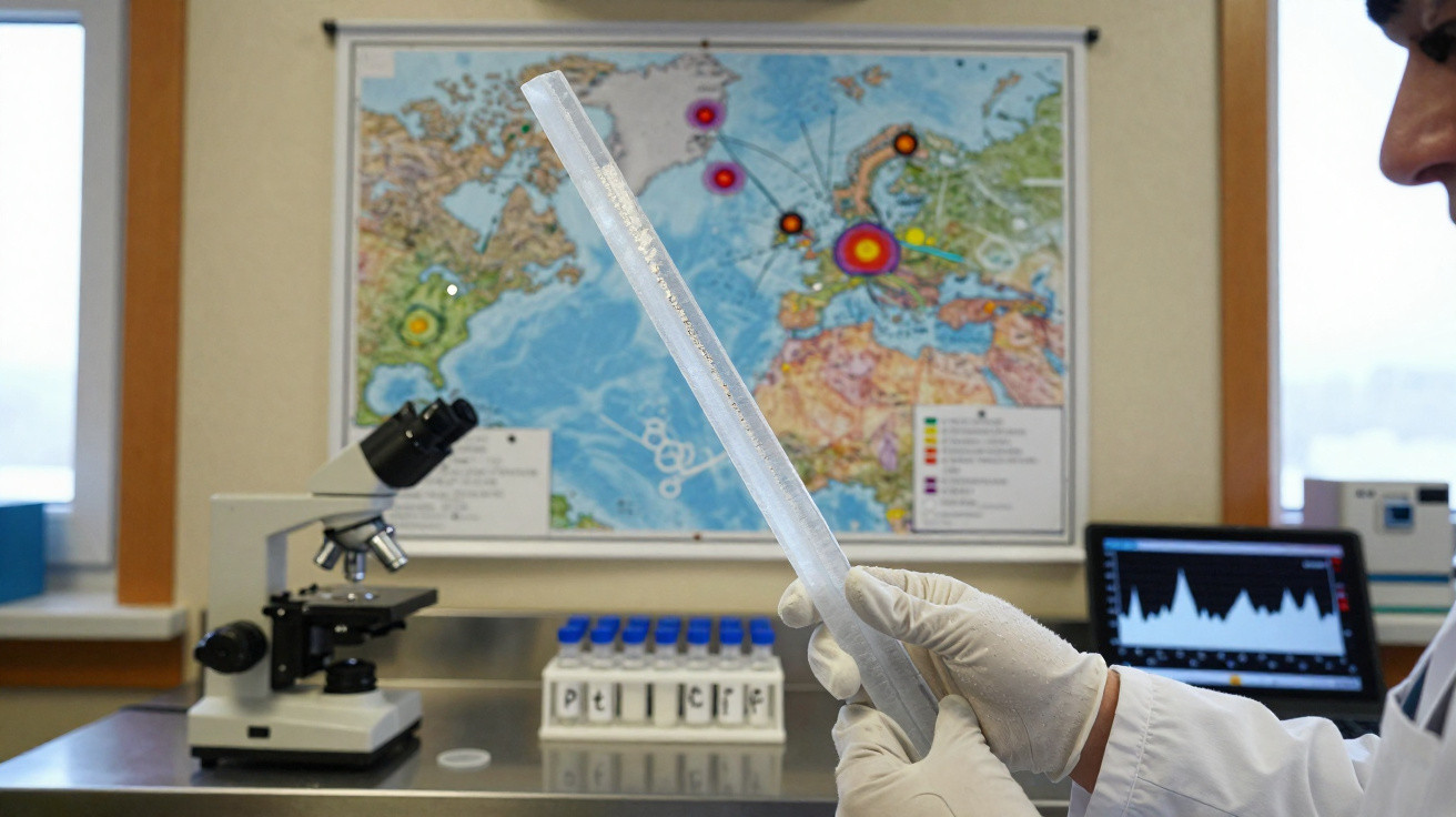 Pessoa com luvas a segurar tubo de ensaio em laboratório, com microscópio e mapa geológico ao fundo.