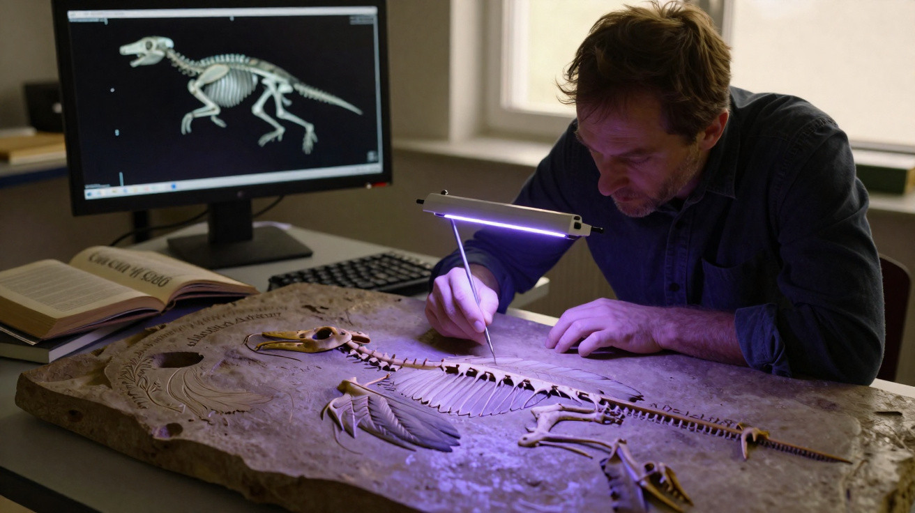 Cientista analisa fóssil de dinossauro em bancada com tela mostrando esqueleto digital ao fundo.