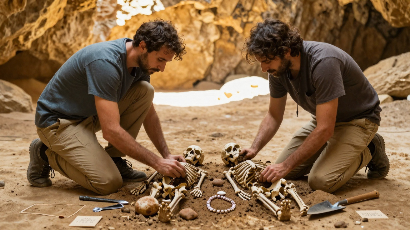 Dois arqueólogos examinam esqueletos humanos numa caverna durante escavação arqueológica.