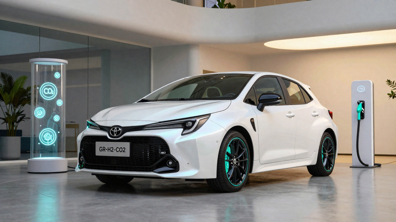 Carro Toyota branco elétrico estacionado junto a carregador com ambiente moderno e futurista.