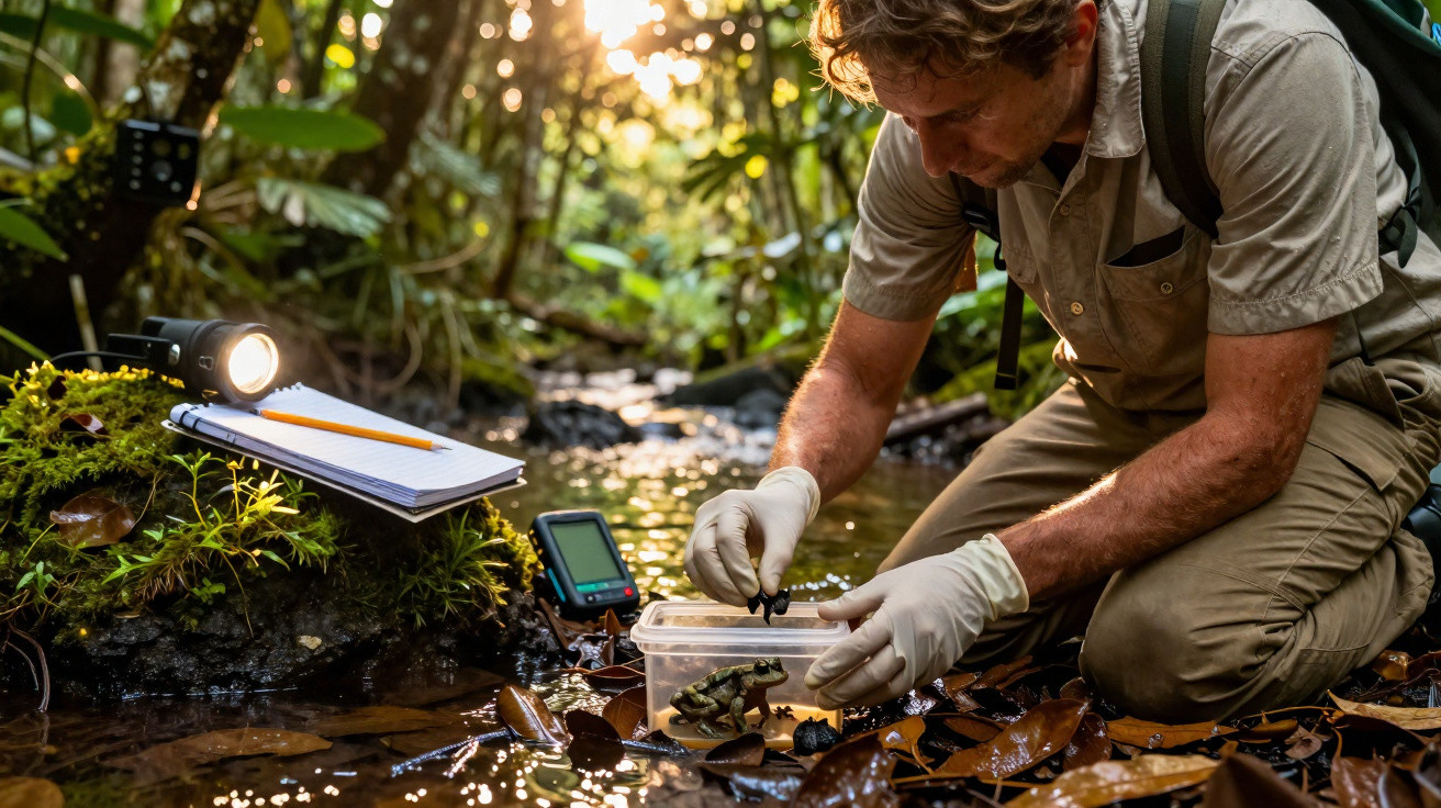 Homem com luvas recolhe amostra de pequenos animais numa clareira de floresta junto a um riacho.