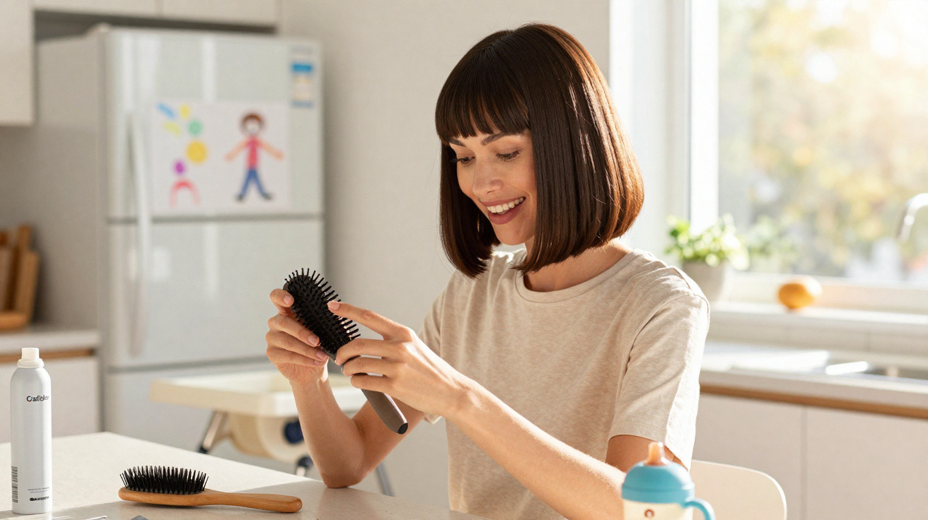 Mulher sorridente a limpar uma escova de cabelo numa cozinha com luz natural.