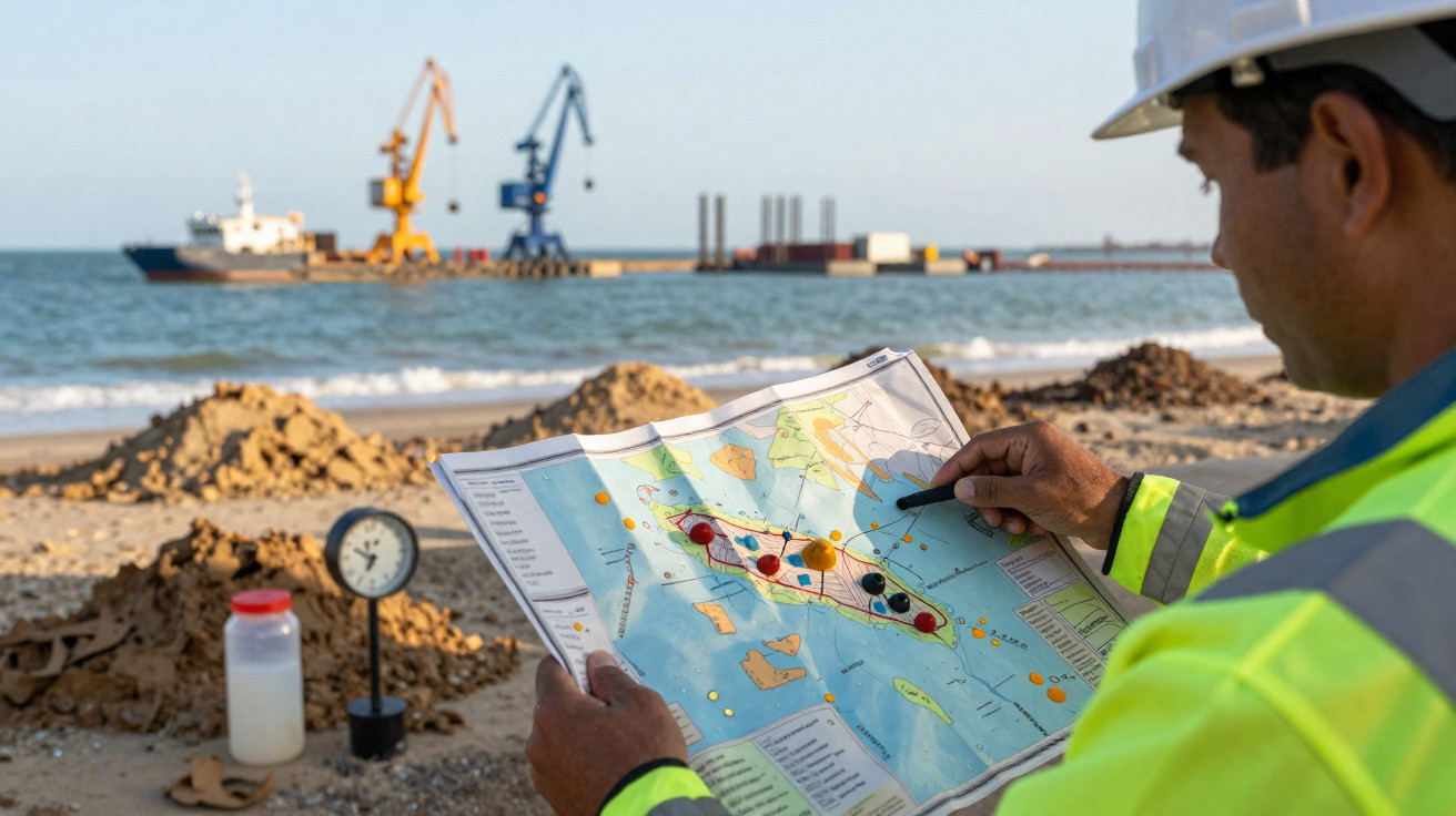 Engenheiro com colete refletor e capacete vê mapa na praia, com navio e gruas ao fundo no mar.
