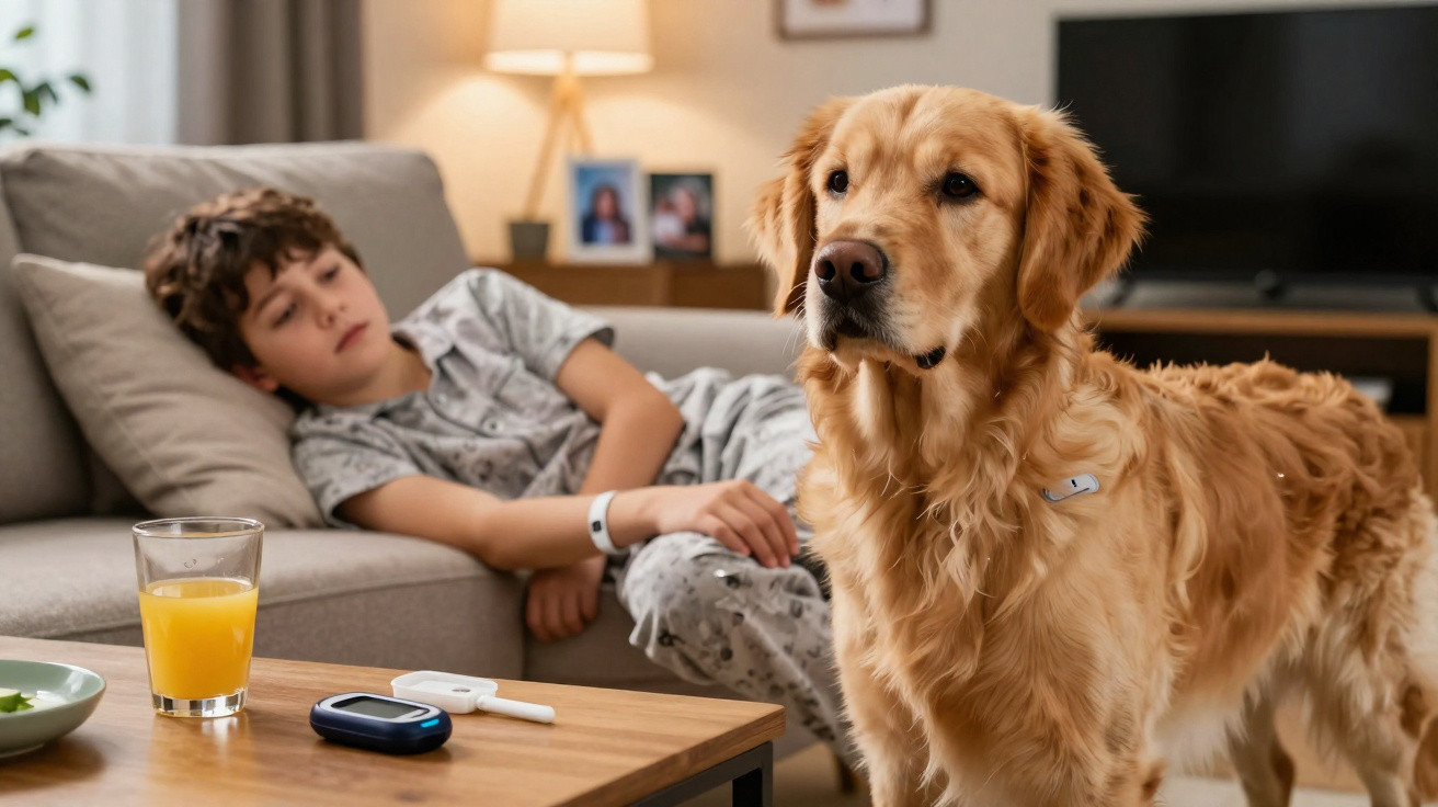 Criança de pijama deitada no sofá com pulseira médica, cão dourado a olhar para frente junto à mesa com aparelho de medição.