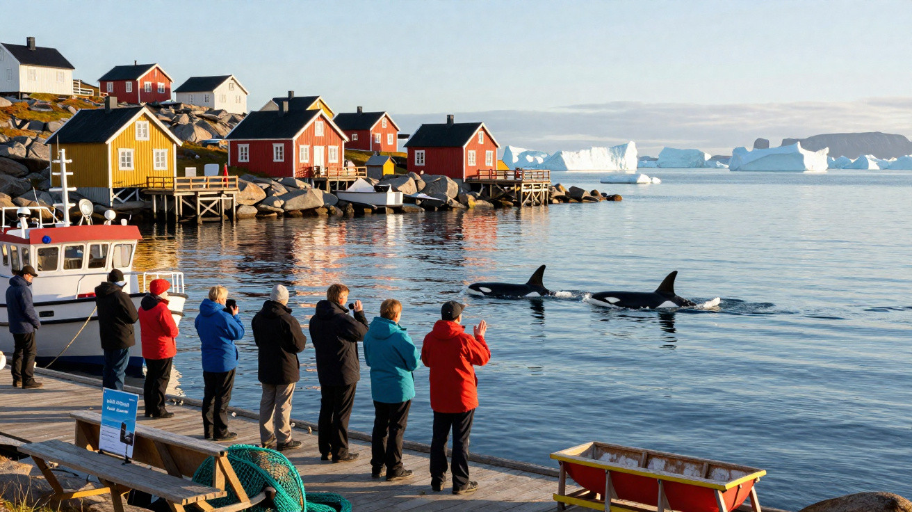 Turistas observam orcas no mar junto a casas coloridas e icebergues ao longe, ao pôr do sol.