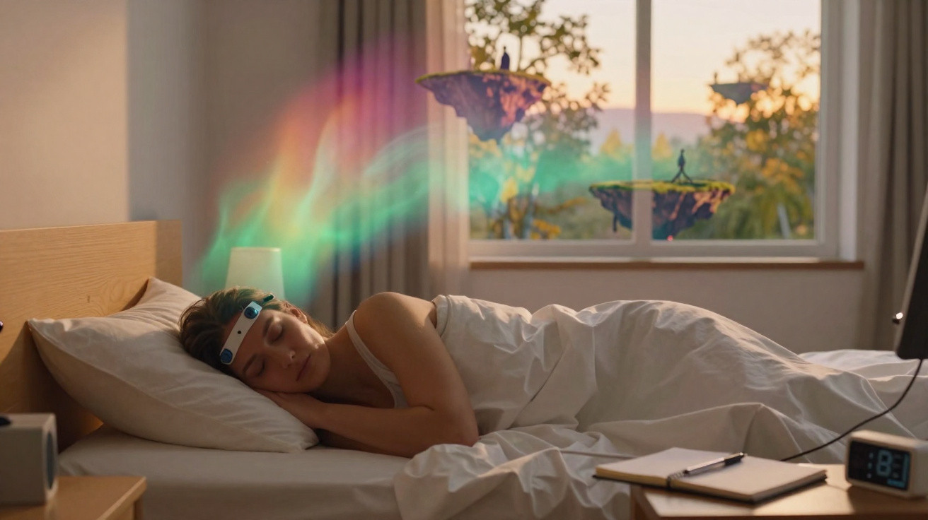 Pessoa a dormir na cama com dispositivo na testa e luzes coloridas a sair da cabeça num quarto iluminado.