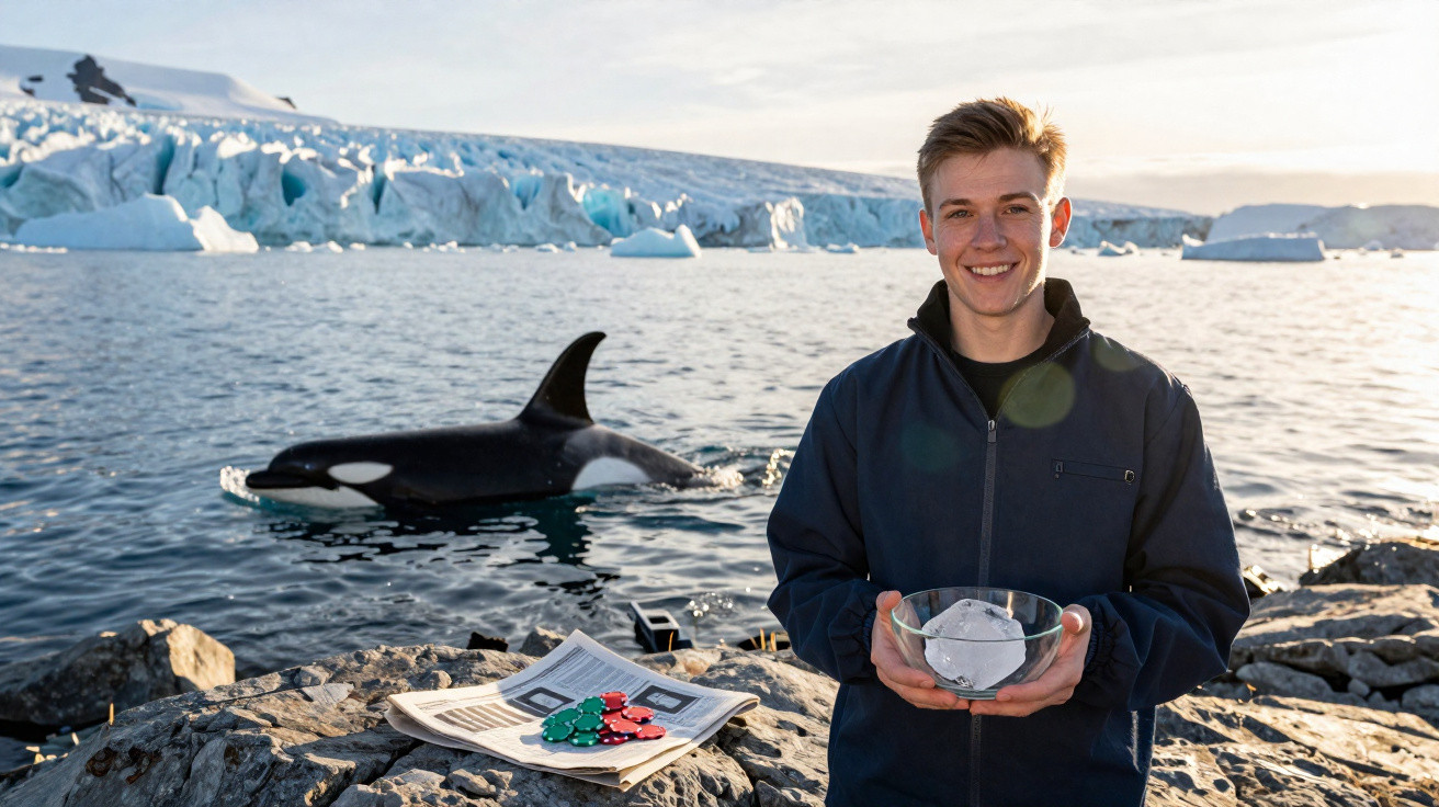 Jovem na costa gelada segura tigela de gelo com orca a nadar perto de icebergues ao fundo.