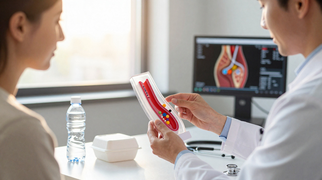 Médico mostra modelo de artéria com placa de gordura para paciente numa consulta sobre saúde cardiovascular.