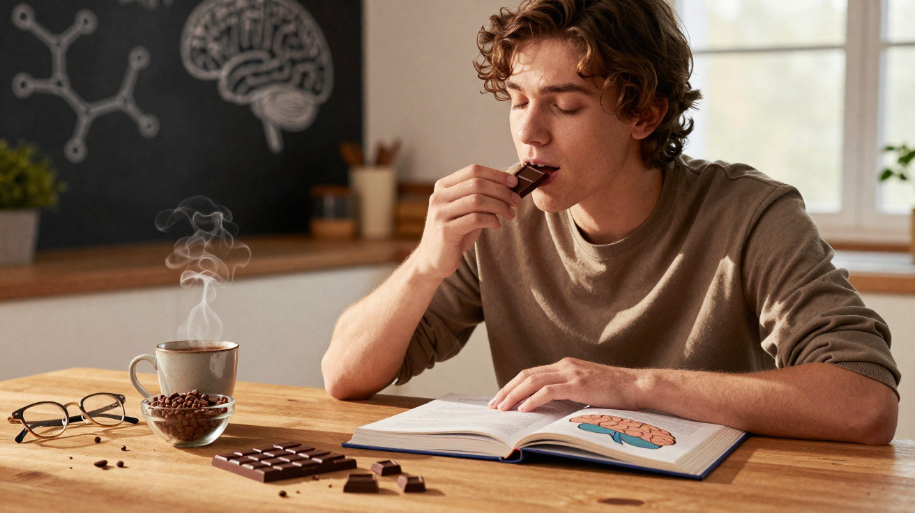 Jovem a comer chocolate enquanto estuda sobre o cérebro numa mesa com café quente e óculos.