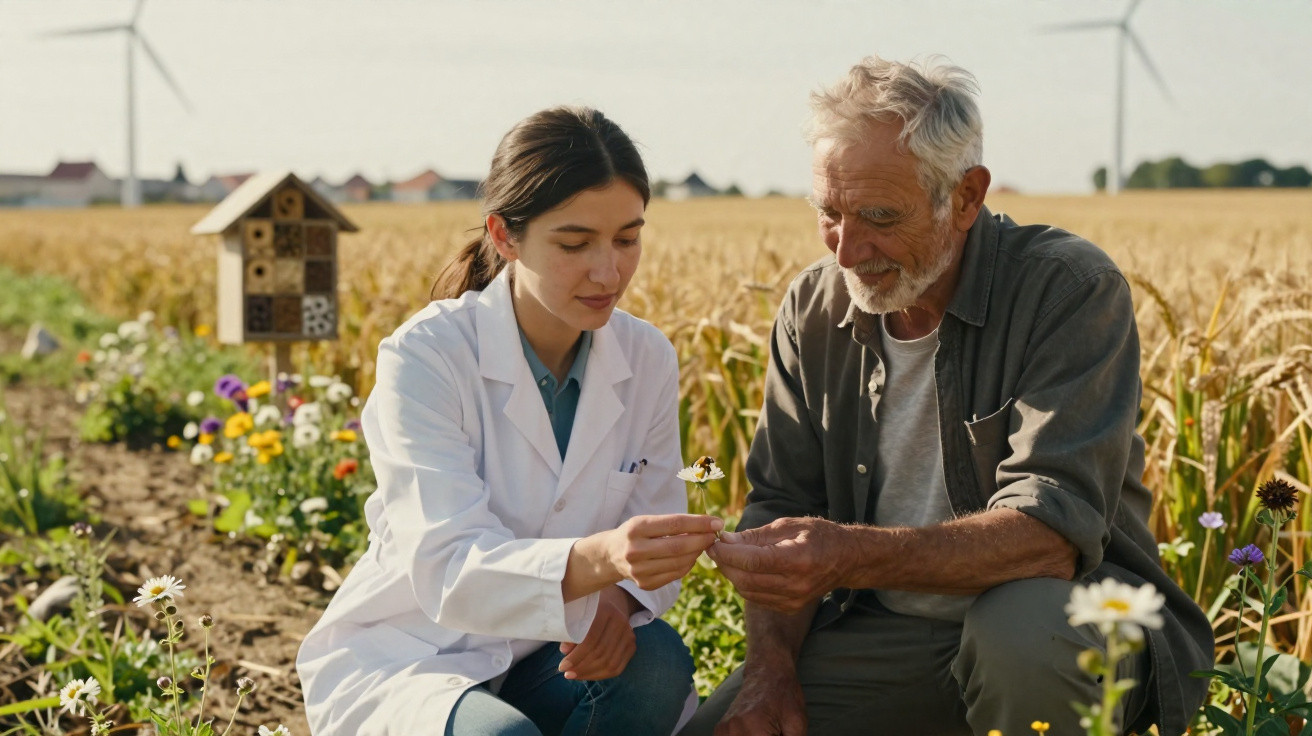 Agricultor e cientista analisam flor num campo com turbinas eólicas ao fundo.
