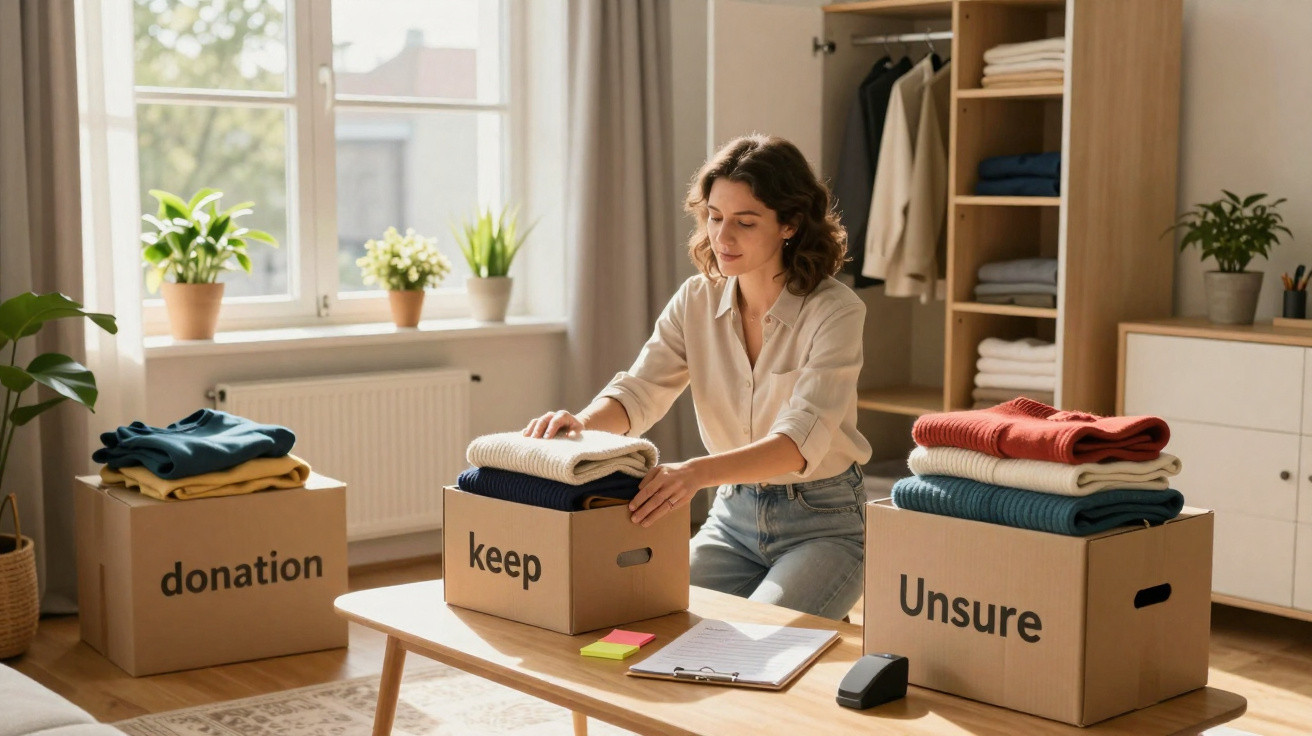 Mulher a organizar roupas em caixas rotuladas para doar, guardar ou indecisa, numa sala luminosa.