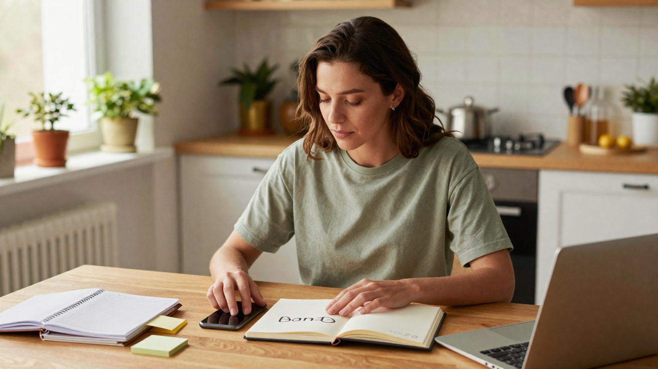 Mulher sentada à mesa a usar telemóvel e a escrever num caderno numa cozinha moderna e iluminada.