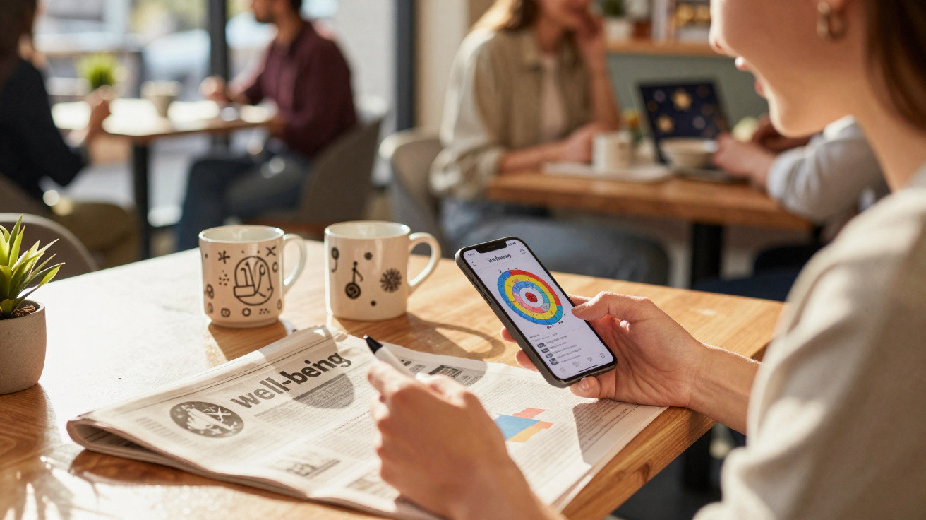 Pessoa a usar smartphone com gráfico, jornal "Well-being" e duas canecas numa mesa de café.
