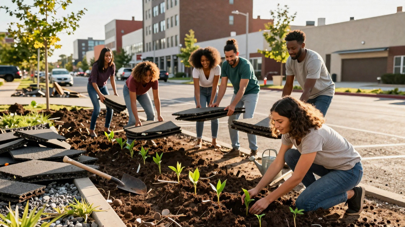 Grupo diverso de pessoas a plantar e a colocar placas em jardim urbano perto de parque estacionamento.