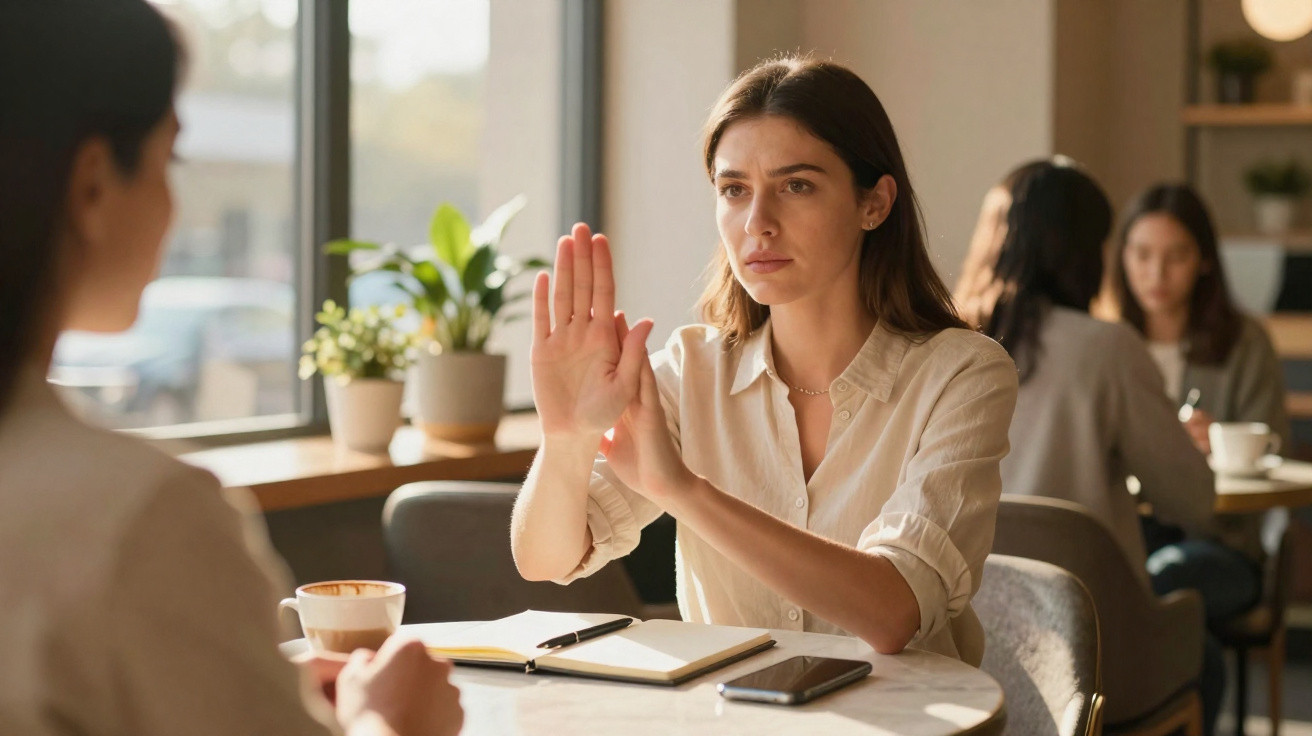 Mulher com expressão séria faz gesto de parar com a mão num café enquanto conversa com outra pessoa.