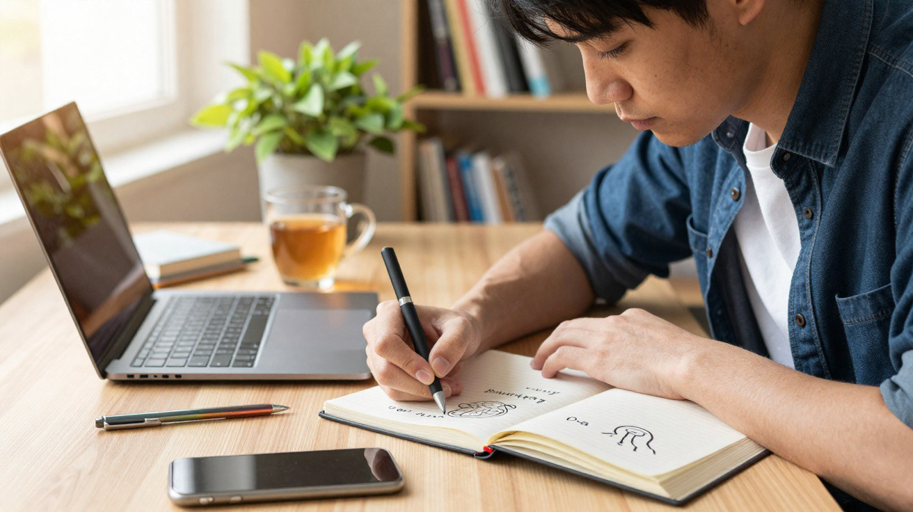 Homem jovem a desenhar e escrever num caderno, com portátil, telemóvel e chá numa mesa.