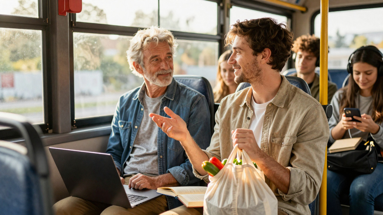 Homens conversam sentados num autocarro, um com saco de compras e o outro com portátil aberto no colo.