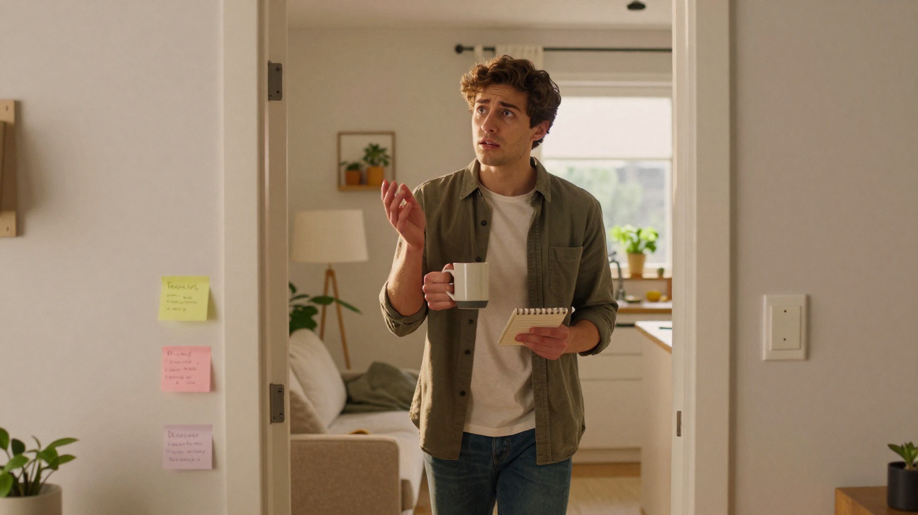 Homem de camisa verde e jeans segura caderno e caneca, pensativo numa sala de estar luminosa.