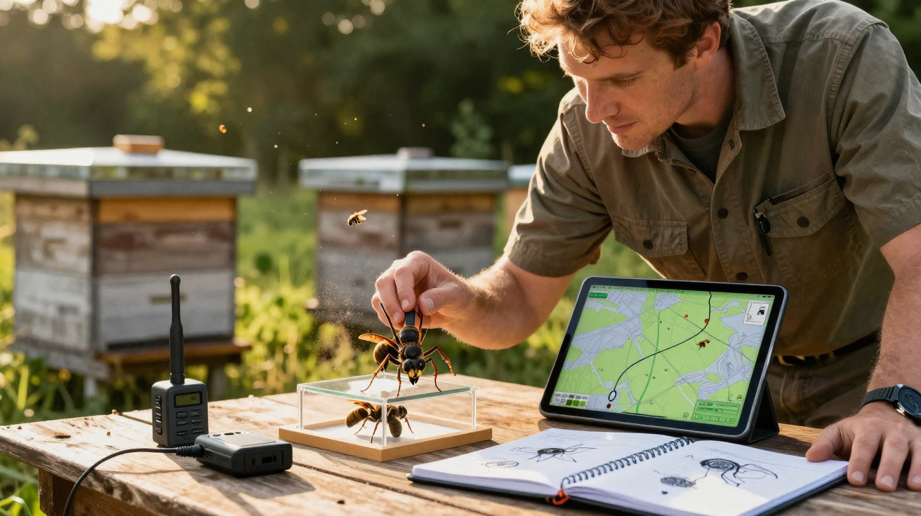 Apicultor a estudar insetos com modelo de vespa, notebook aberto a desenhos e tablet com mapa ao ar livre.