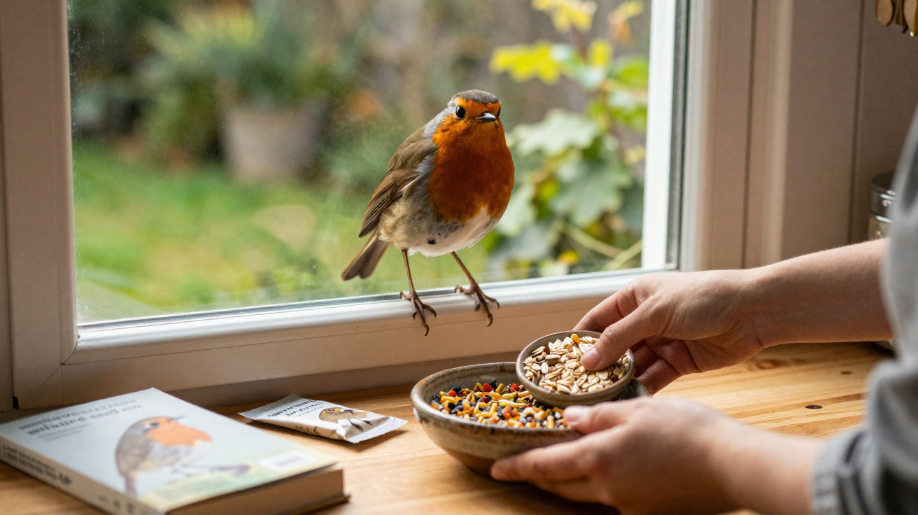 Pássaro com peito laranja pousado na janela enquanto alguém prepara sementes para alimentar aves.
