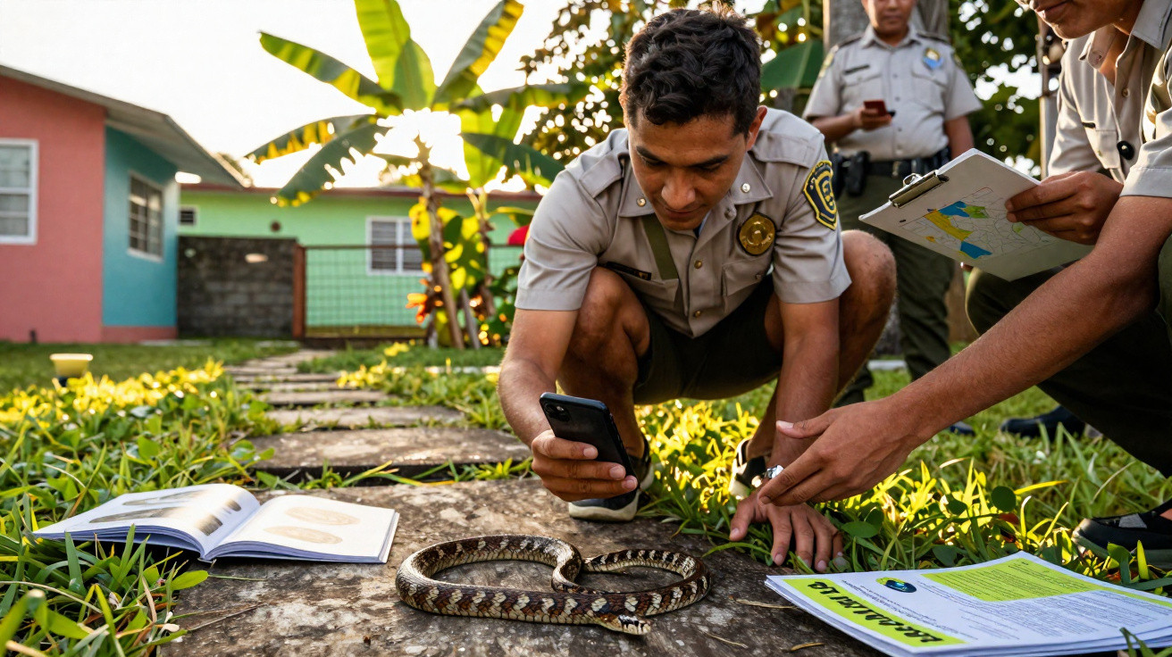 Agentes ambientais observam e documentam cobra sobre calçada em área residencial com casas e vegetação.