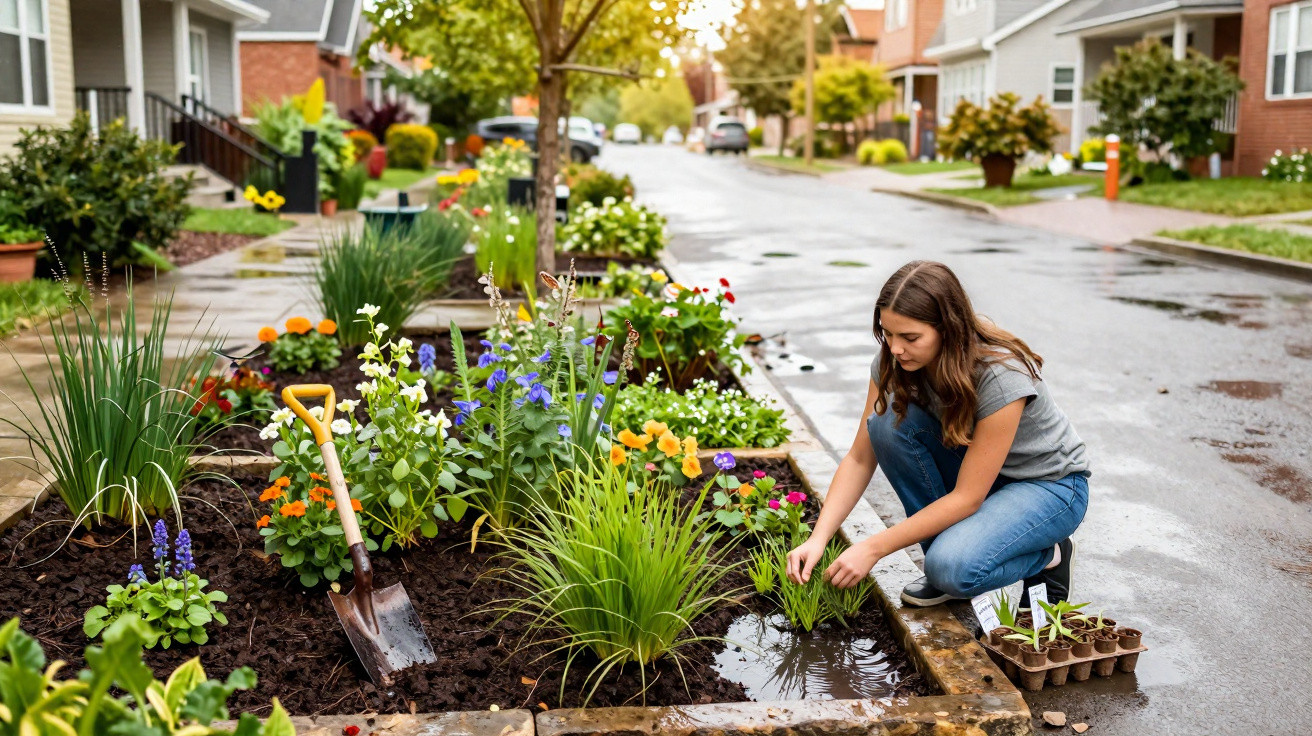 Jovem mulher a plantar flores numa pequena área ajardinada junto a uma rua residencial.