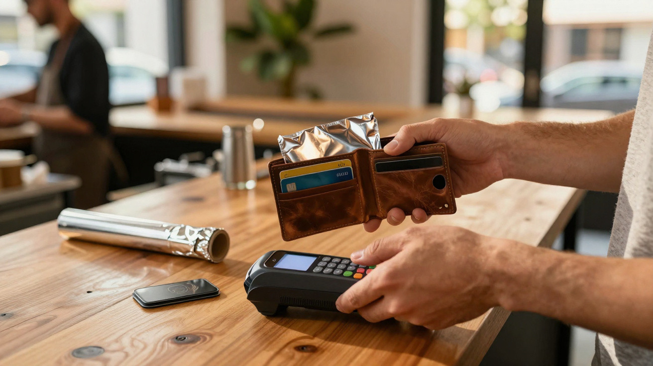 Pessoa a pagar com cartão num terminal num café, carteira castanha aberta com cartões visíveis.