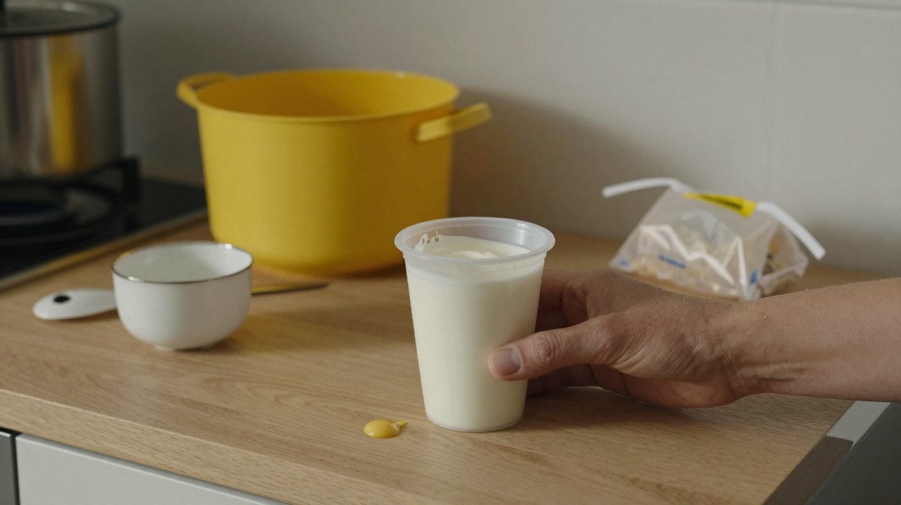 Mão a segurar copo plástico com leite sobre bancada de cozinha com tacho amarelo e tigela branca.