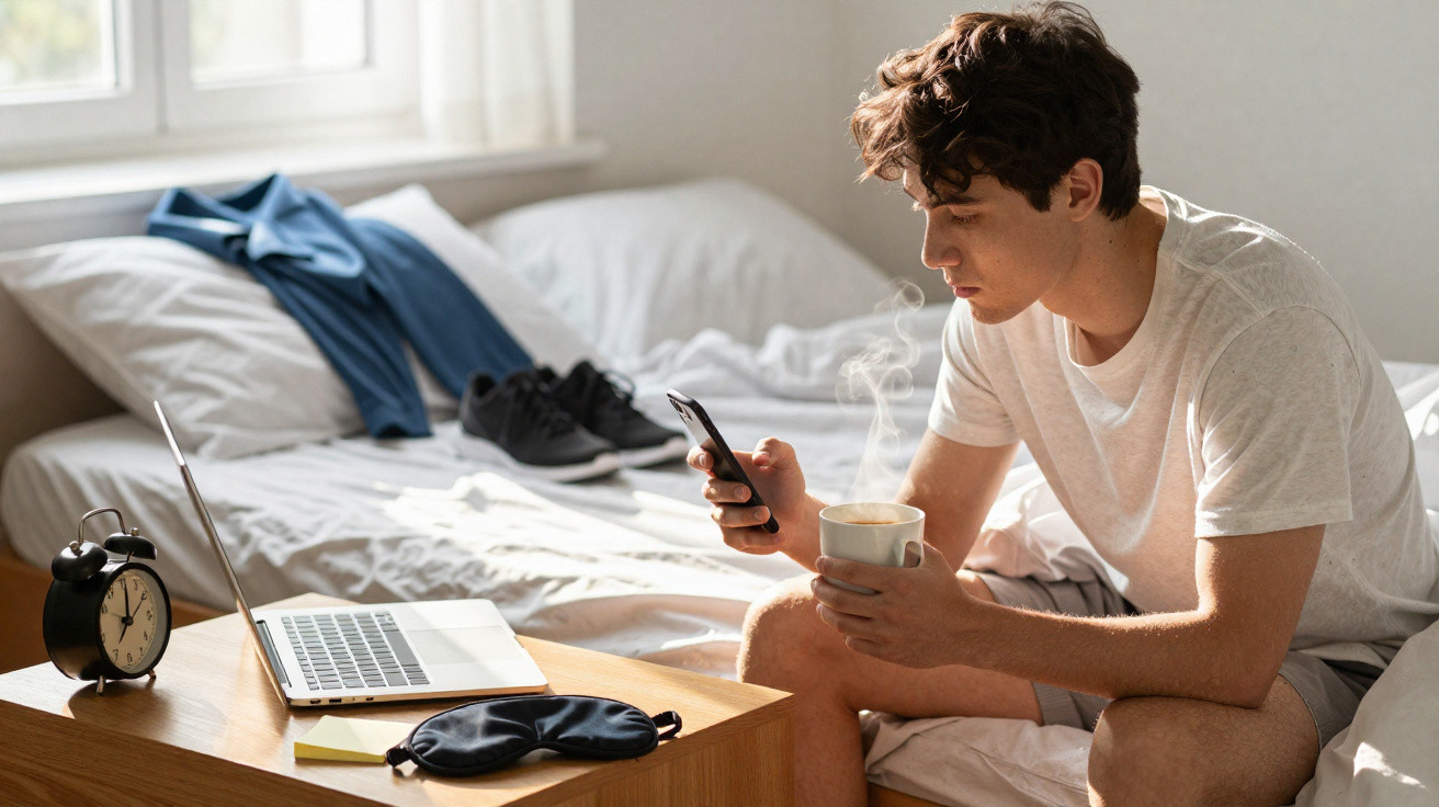 Homem sentado na cama a olhar para o telemóvel com chá numa mão, laptop e despertador na mesa à frente.