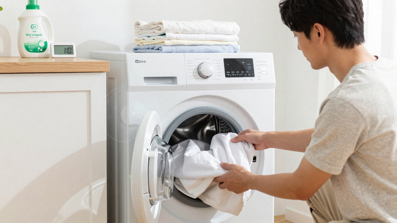 Pessoa a colocar roupa branca numa máquina de lavar roupa branca numa lavandaria minimalista.