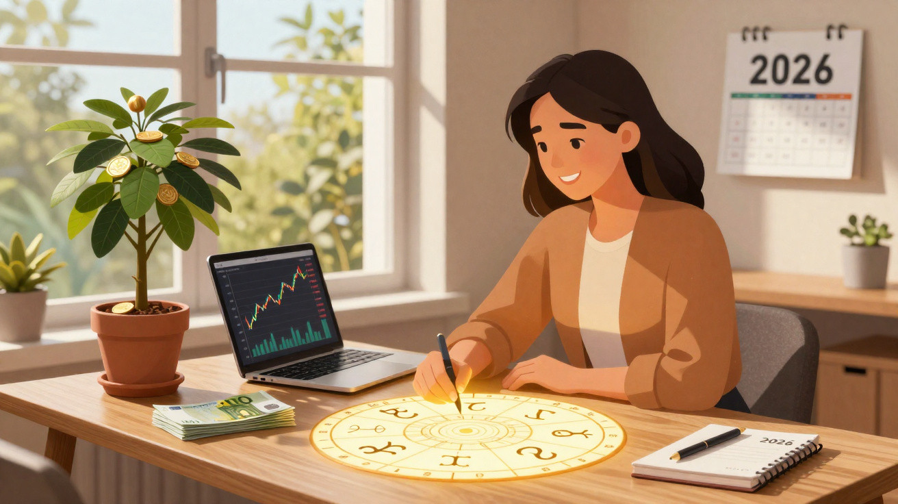 Mulher a analisar mapa astral luminoso, com laptop, dinheiro e calendário 2026 numa mesa iluminada.