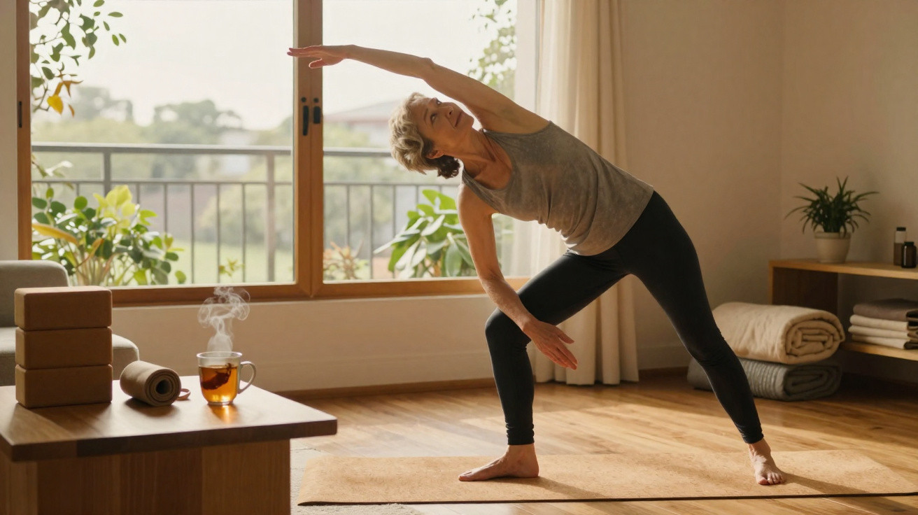 Mulher a fazer alongamentos de yoga num tapete, com luz natural e plantas ao fundo, numa sala acolhedora.