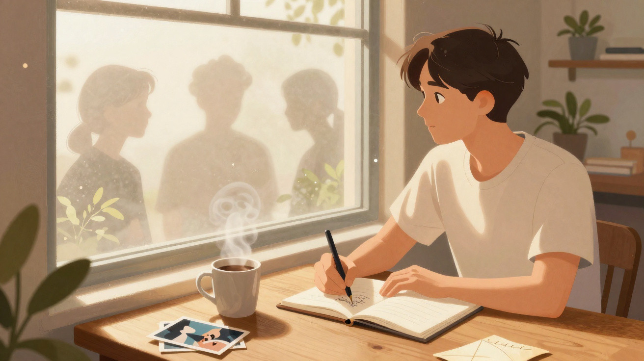 Jovem a escrever num caderno junto a uma janela com sombras de três pessoas do lado de fora.