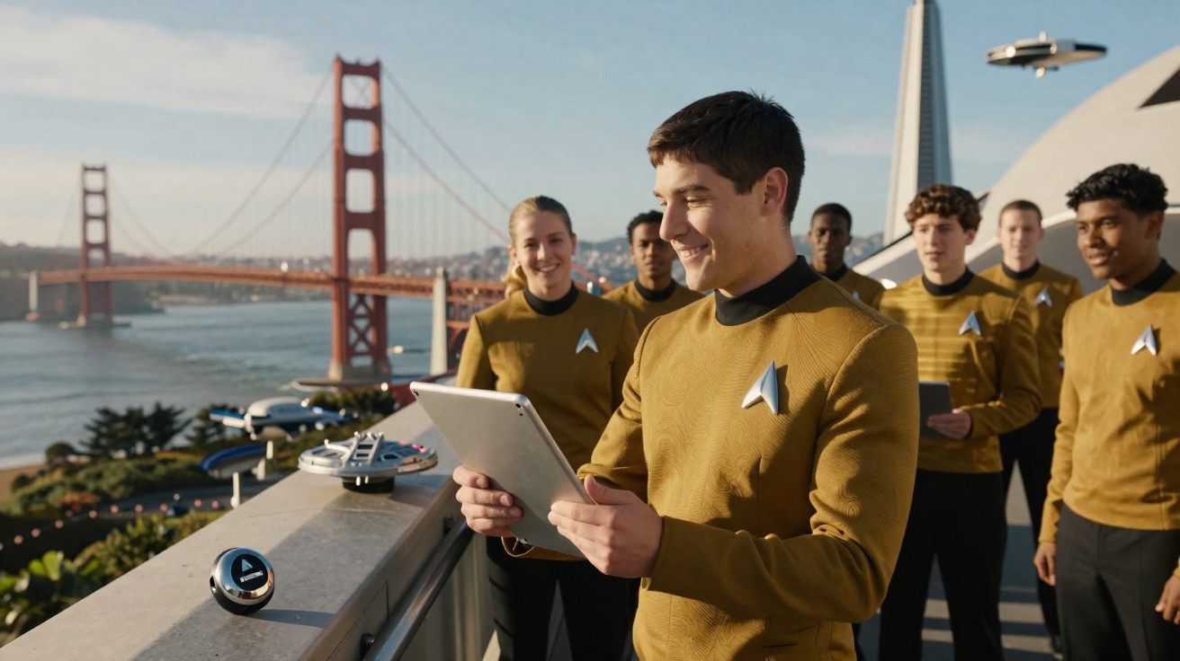 Jovens com uniformes dourados junto à ponte Golden Gate em São Francisco, com um tablet e drones ao ar livre.